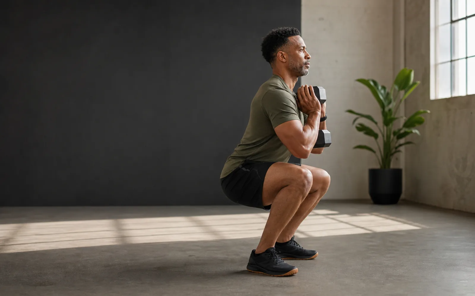 Pratiquant exécutant un mouvement de musculation avec une posture attentive et stable.