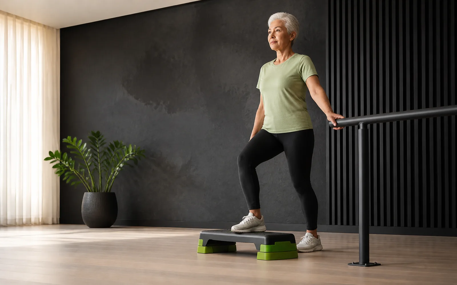 Adulte de plus de soixante ans marchant activement en extérieur avec une posture assurée.