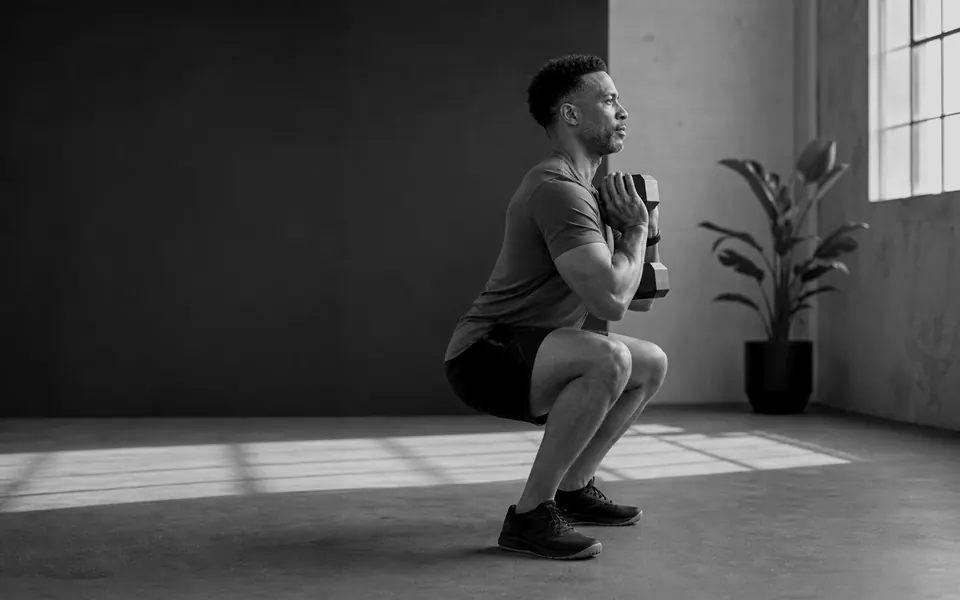 Un homme en squat gobelet, un haltère contre la poitrine.