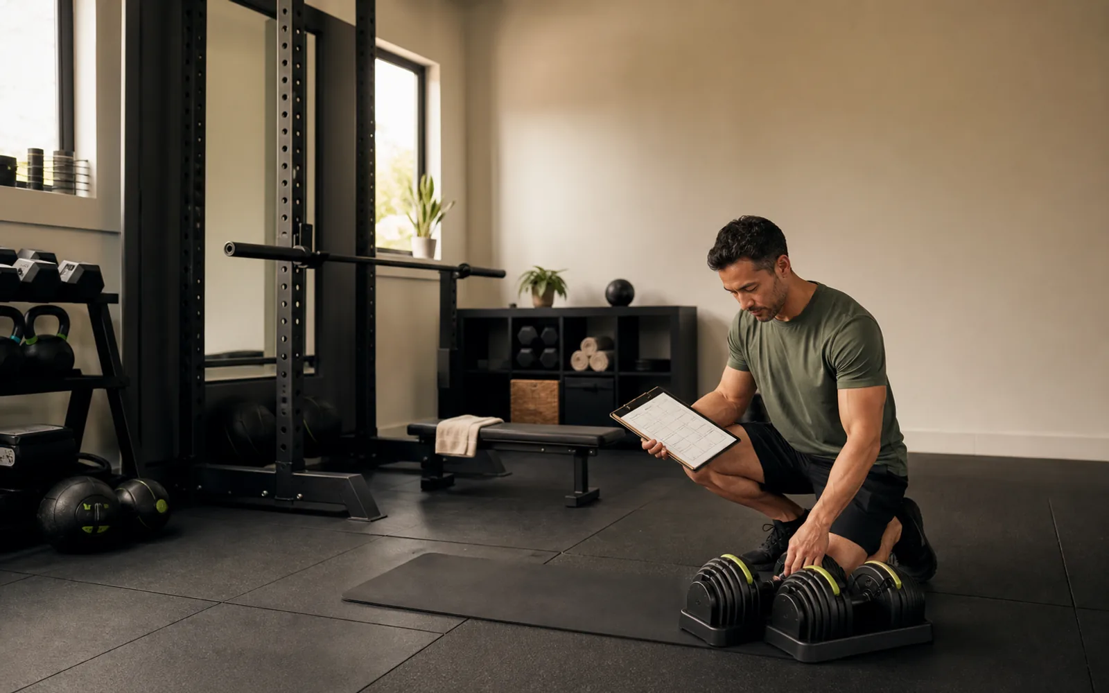 Athlète consultant son programme d'entraînement avant une séance de musculation structurée.